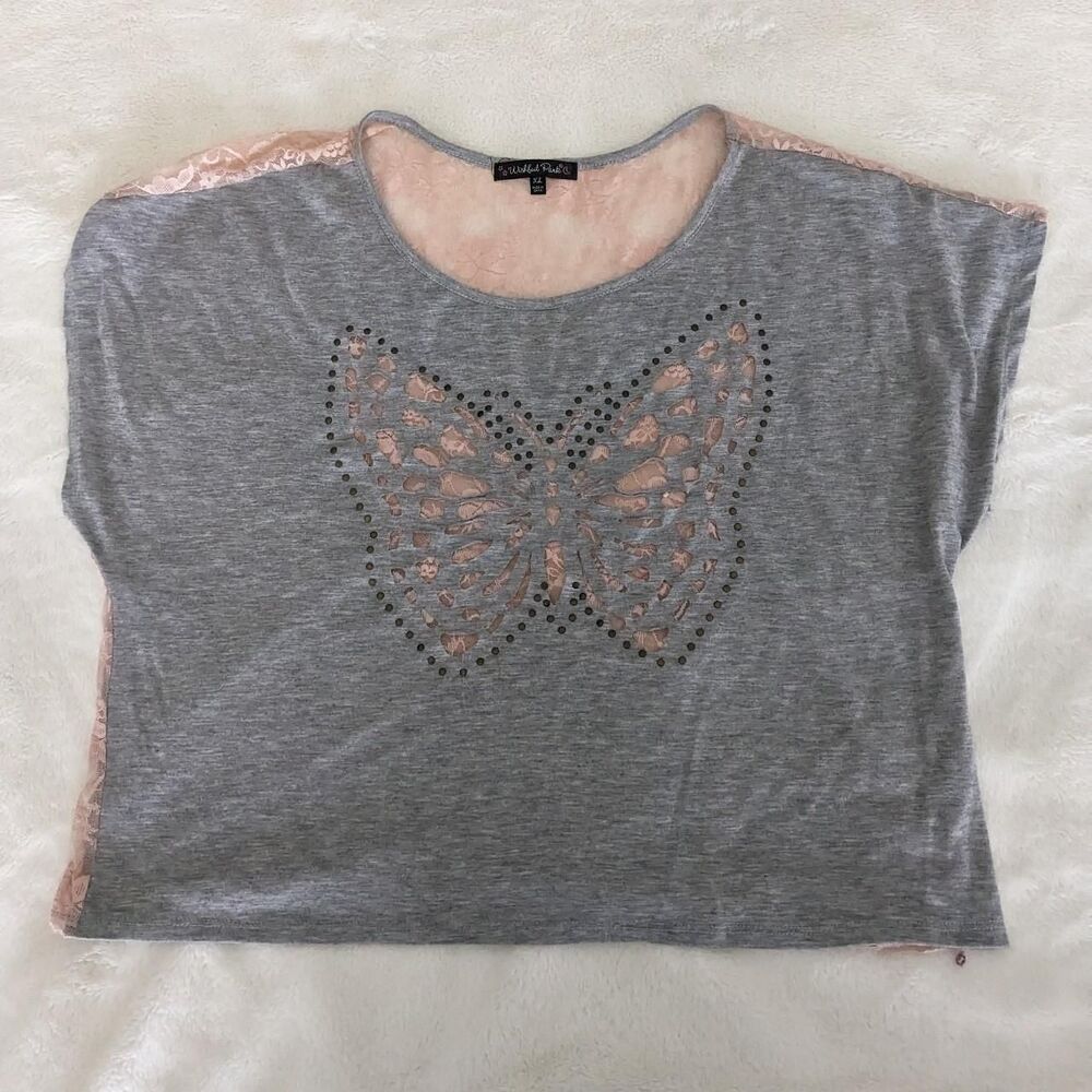 Wishful Women's Grey and Pink Blouse studded butterfly cutout pink lace back XL